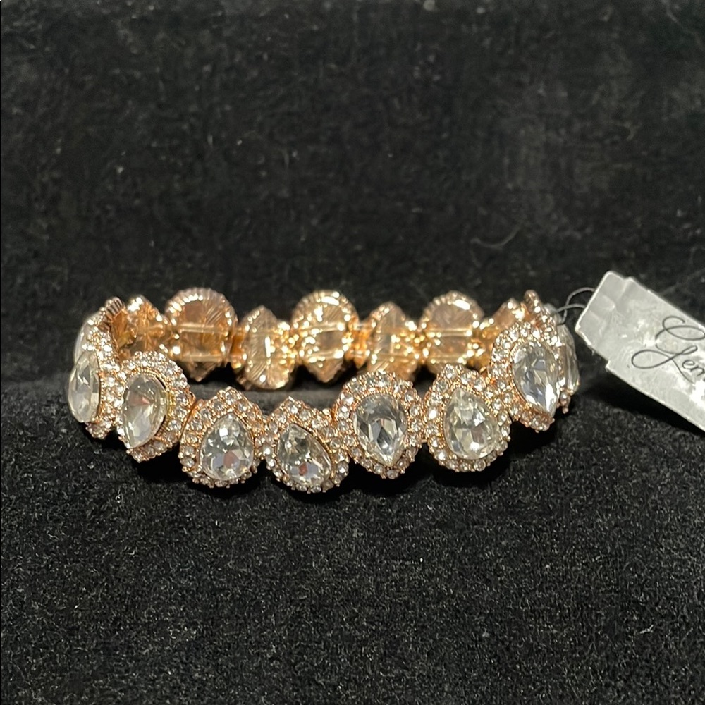 Rose Gold Tone and Faux Crystal Elegant Stretch Bracelet with Intricate Design